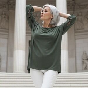 Chico's Travelers 3‎ Olive Green LS Brass Ringlet Open Sleeve Top Blouse USA XL